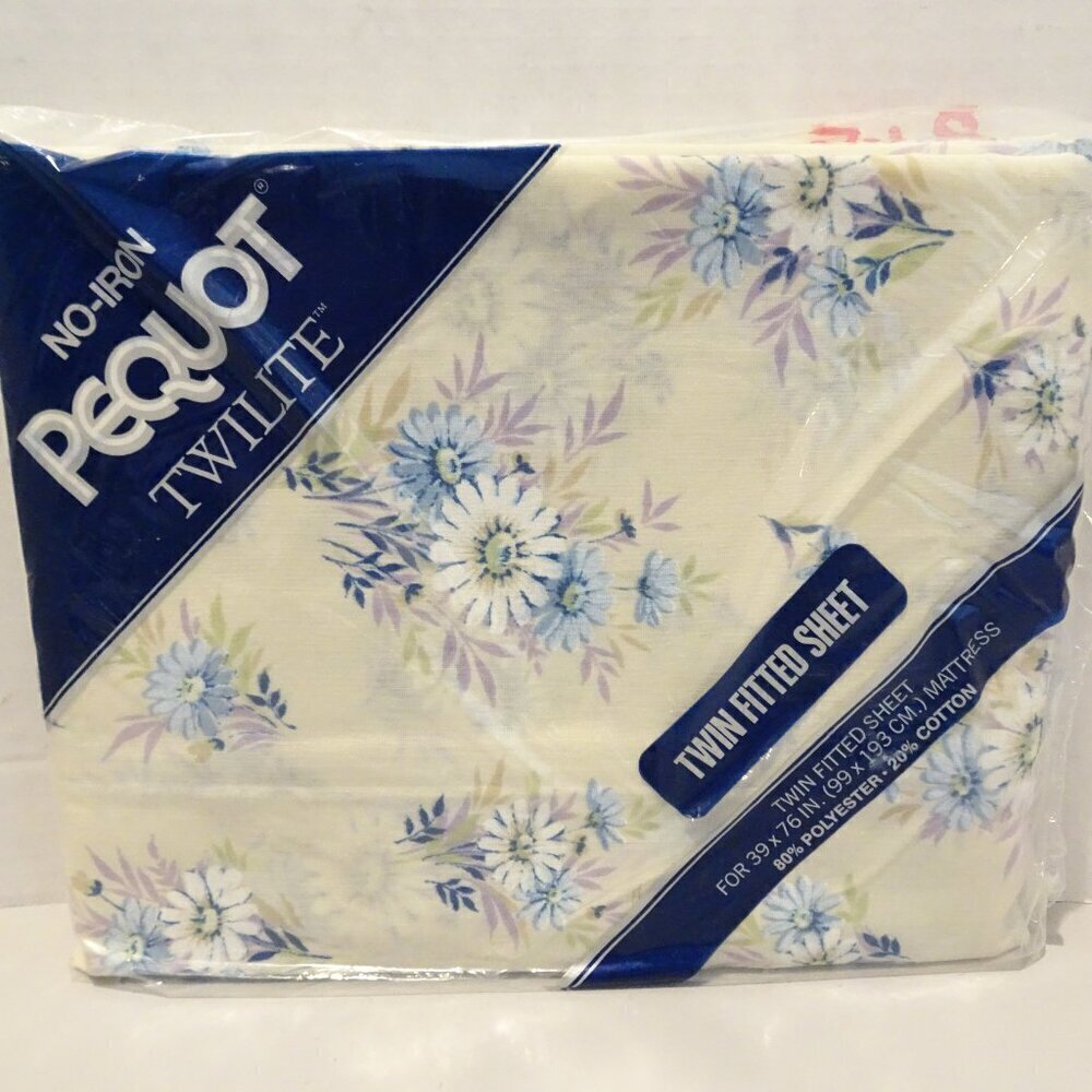 Vintage Pequot Twilite No-Iron Twin Fitted Sheet NOS Floral Blue Purple
